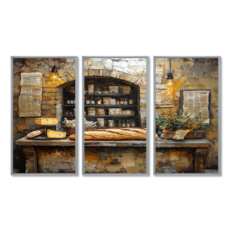 French Cafe Baguette Et Fromage II, Toile argentée avec cadre flottant, H 40 po x l 60 po x P 1 po