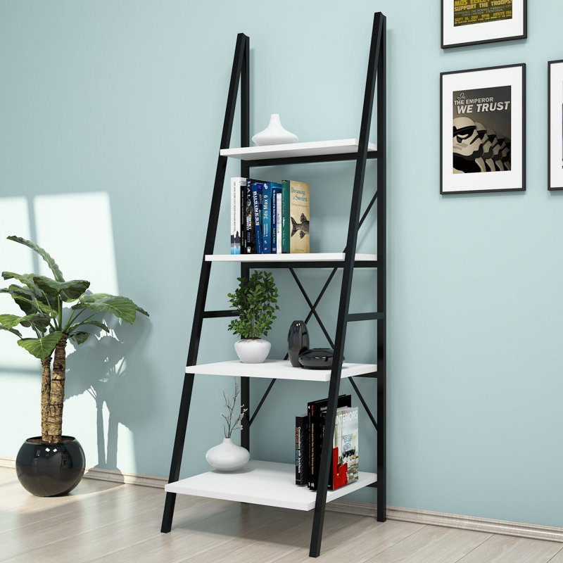 Modern Bookshelf with Metal Frame, White & Black, 19.7 x 59.1 x 17.3 inches | 100% Melamine Coated Particle Board, Thickness: 0.7 inches | Numerous Shelves, Wall-Mountable, Stylish Storage Solution for Home or Office