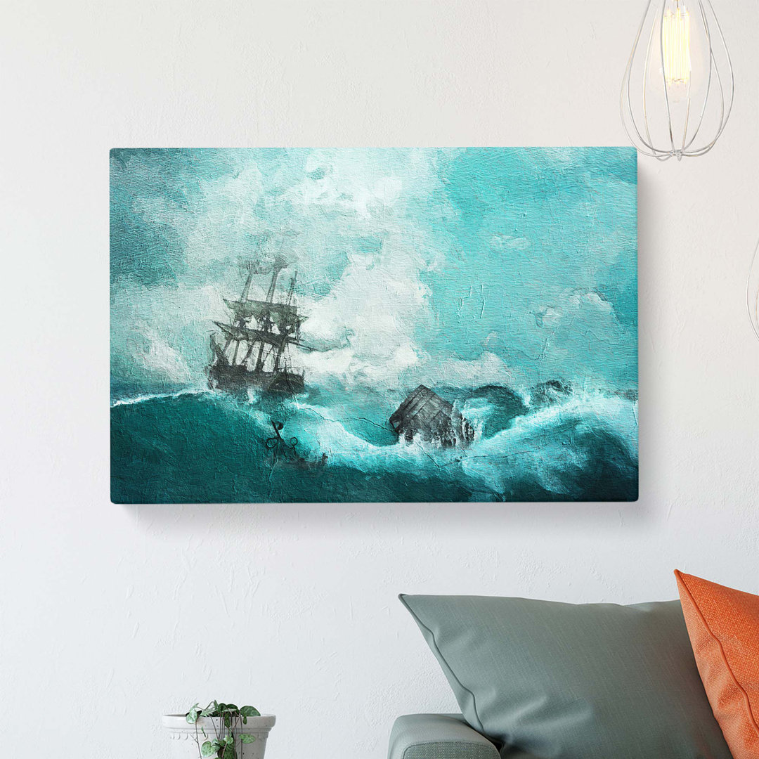 Pirate Ship Sailing upon a Stormy Sea - Wrapped Canvas