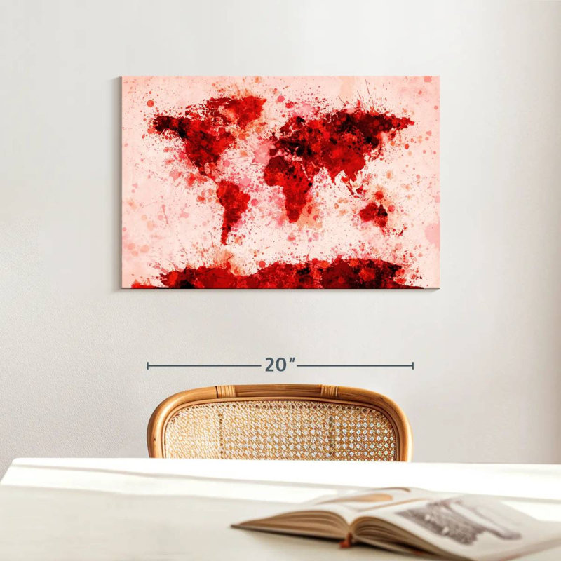 Aliaz World Map Paint Splashes Red, 16" H x 24" W