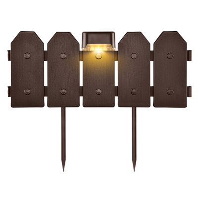 4.2 ft. 3-Panel Wooden Grain Dog Ear Garden Border Edging Expansion Set with 3 Solar LED Lights
