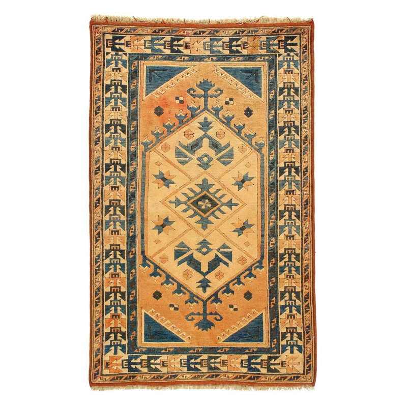 Tapis oriental orange / bleu sarcelle / brun en coton et laine noué à la main 4 pi 6 po x 7 pi 2 po Oriental