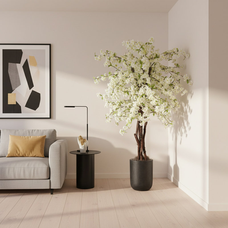 Faux Cherry Blossom Tree Plant in Fiberstone, Black