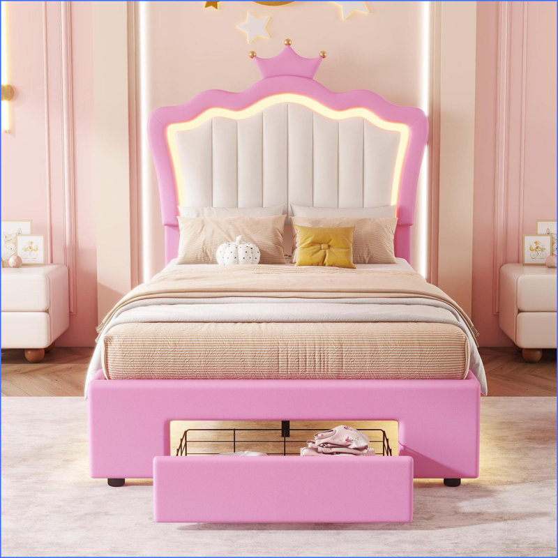 Structure de lit simple tapissier en polyuréthane avec tête de lit couronne, lumières DEL et amp; Tiroir, aucun sommier nécessaire, rose et blanc