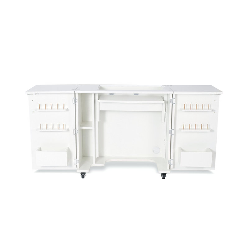 Ash White Hydraulic Lift Sewing Cabinet with Storage Shelves