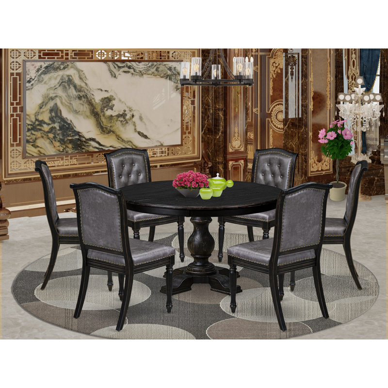 L'ensemble de salle à manger 7 pièces Mid Century comprend une table et 6 chaises en tissu de polyester gris foncé avec dossier capitonné - Noir sablé