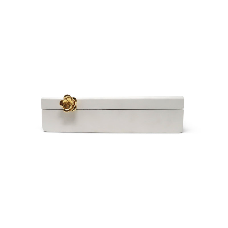 Mercer41 Rectangular White Wood Decorative Box with Gold Flower Detail, 3" H x 12" W x 6" D