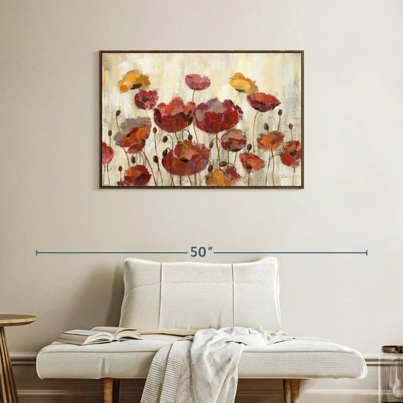 Coquelicots sous la pluie, 37 po x 25 po, Cadre flottant noyer