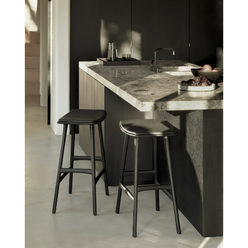 Osso Upholstered Stool with Solid Wood Frame, Varnished Black/Black