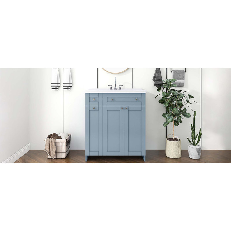 Ensemble de meuble-lavabo gris 30 po avec lavabo en céramique, armoire de rangement abondante - 2 portes à fermeture en douceur et tiroir profond à deux niveaux