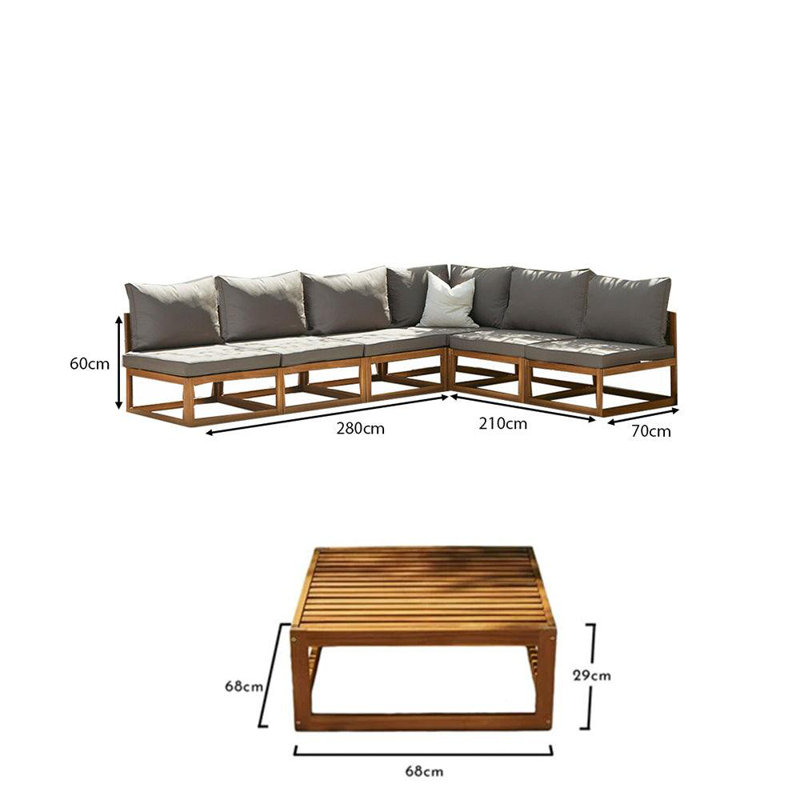 Rimasha 6 Seater Wooden Garden Corner Sofa Set with Coffee Table - Grey, Grey