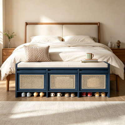 Banc de rangement rembourré 48 po avec tiroirs en rotin et plateau relevable sécuritaire