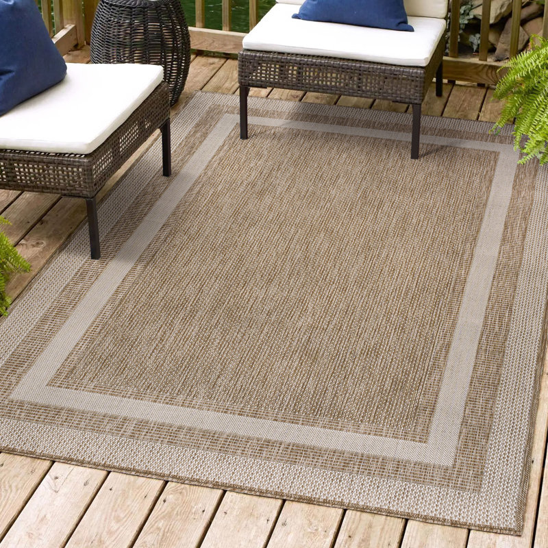 Caherty Dover Classic 3-Stripe Border Beige/Cream Indoor/Outdoor Rug, Rectangle 5'3" x 7'7"
