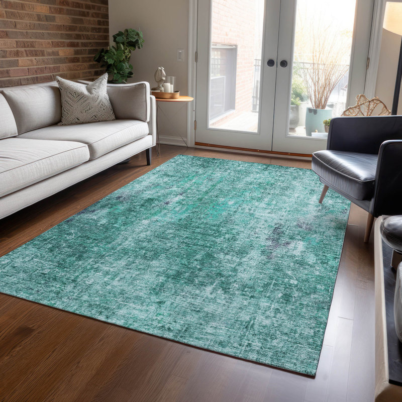 Tapis bleu sarcelle lavable à la machine intérieur / extérieur Ayush ACN655, Rectangulaire 8 pi x 10 pi