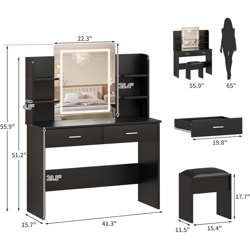 55.9''H Vanity Desk With Lighted Mirror, Makeup Vanity Set With Power Outlet, 6 Storage Shelves, 2 Large Drawers And 3 Colour Light Adjustable Brightness