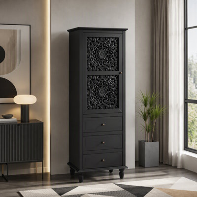 Meuble de rangement vintage de style ferme de 160 cm de haut avec porte sculptée et 3 tiroirs, meuble d'exposition autoportant pour salon ou entrée, noir