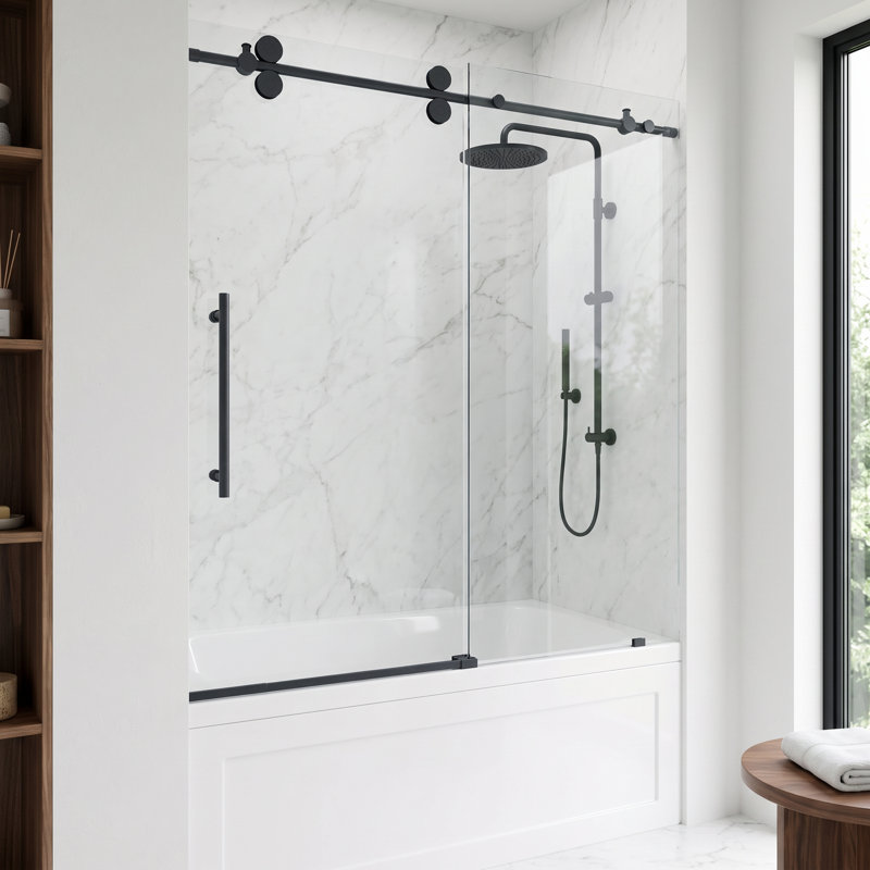 Elan 56-60" W x 66" H Sliding Frameless Tub Door with 3/8" Laminated Glass, Matte Black