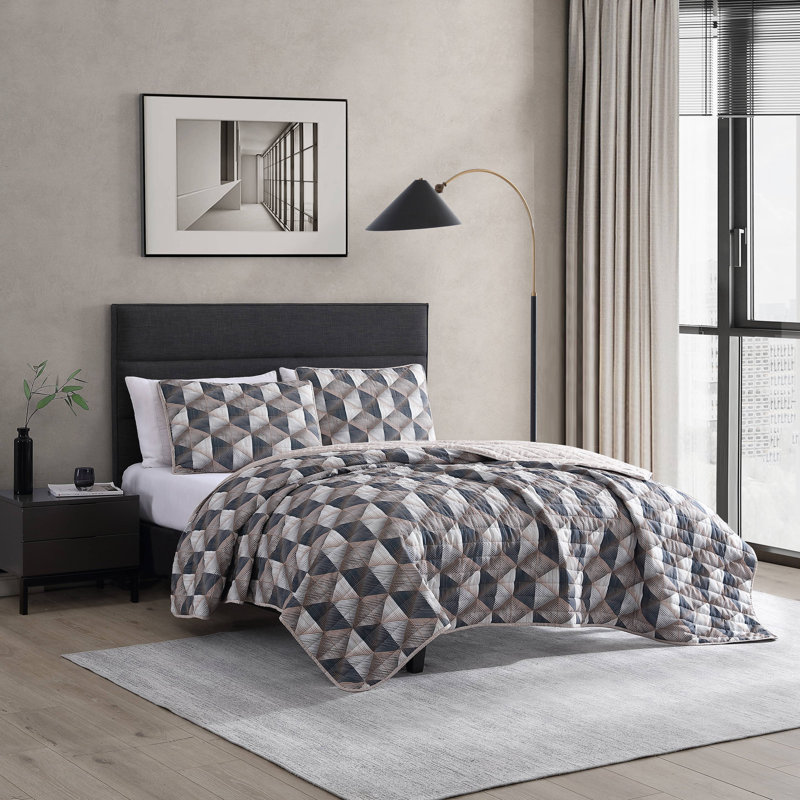 Ensemble de courtepointe réversible brun Kenneth Cole Gridwork, Courtepointe grand + 2 couvre-oreillers standard