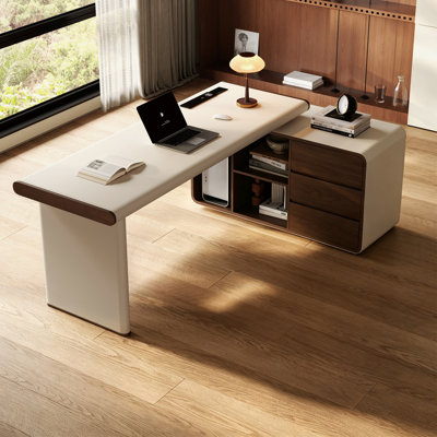 Bureau de direction en L crème avec dessus en similicuir et armoire de rangement gauche