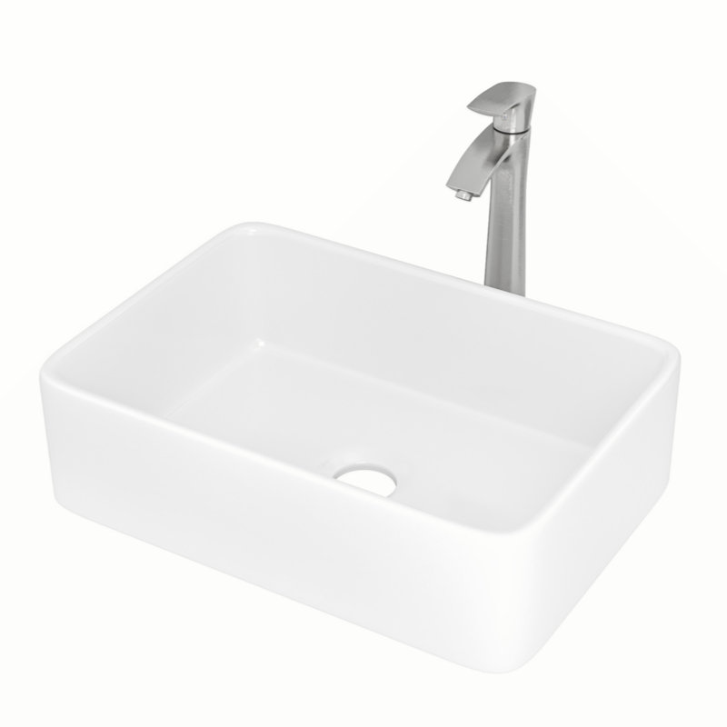 19" x 15" White Ceramic Rectangular Vessel Sink with Matte Black Faucet