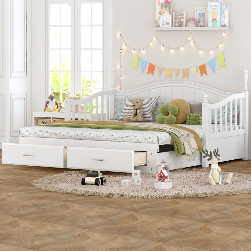 Wooden Twin Size Daybed With Twin Size Trundle, White