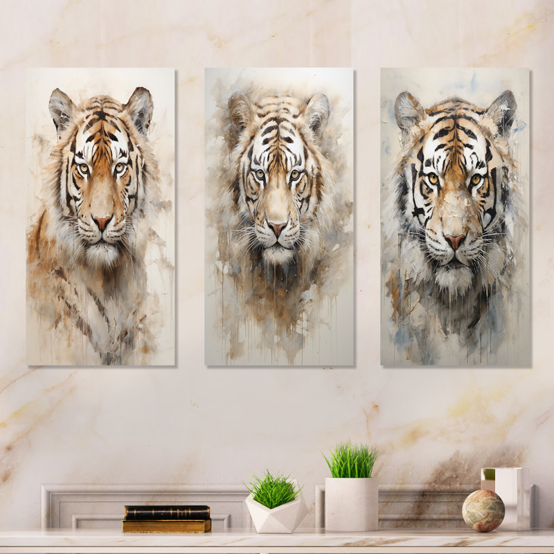 Minimalism Beige Tiger - Tiger Metal Art Print Set Of 3, 28" H x 36" W