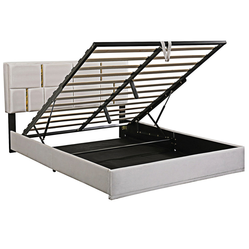 Grand lit plateforme tapissier avec système de rangement hydraulique, Beige