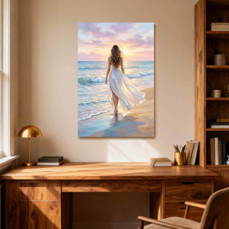 Femme de Saint-Valentin en robe blanche marchant sur la plage au coucher du soleil, H 18 po x l 12 po