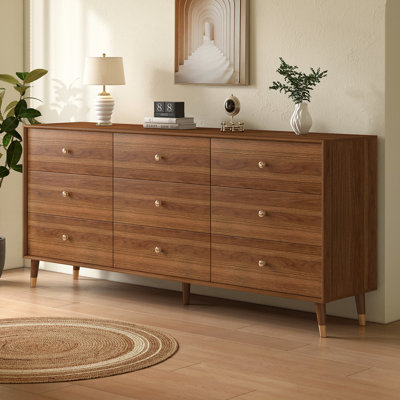 Dresser for Bedroom, 63 Inch 9 Drawer Wooden Chest of Drawers FSC Certified Mid Century Modern Walnut Finish Wooden Dresser with Tapered Legs, Easy Assembly, Clearance for Robot Vacuum
