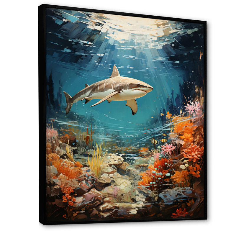 Teal Shark Coastal Creatures " Teal Shark Coastal Creatures ", Black Floater Framed, 32" H x 24" W x 1" D