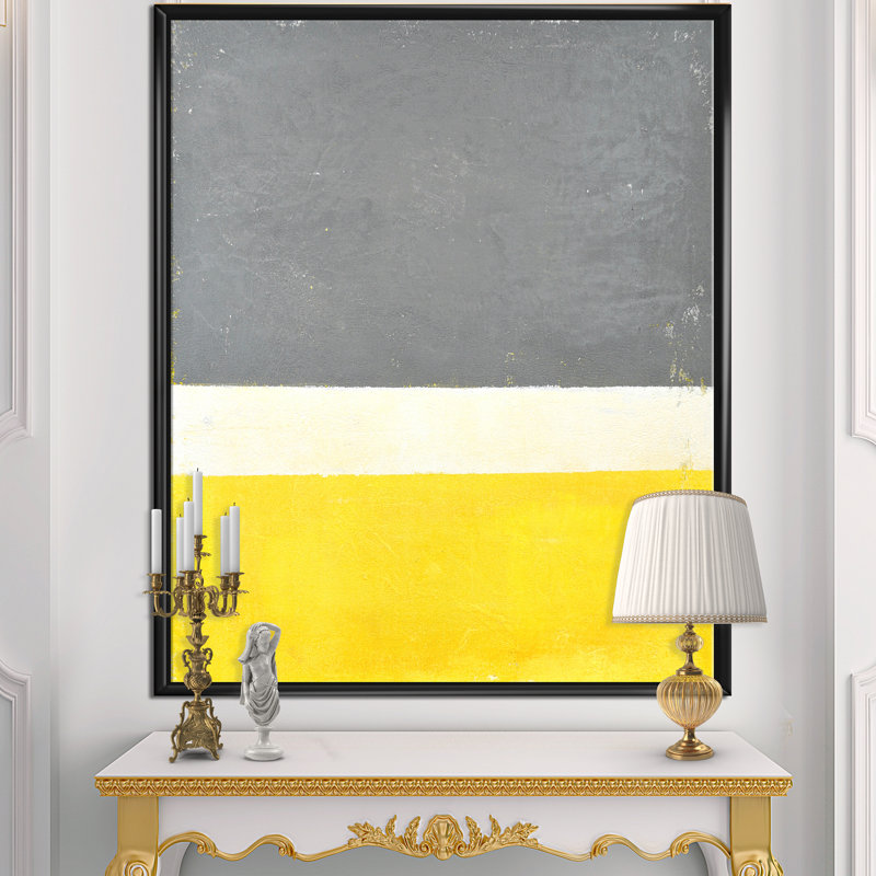 Gris et jaune bleu abstrait V - reproduction d'art sur toile, H 46 po x l 36 po x P 1,5 po, Cadre flottant noir