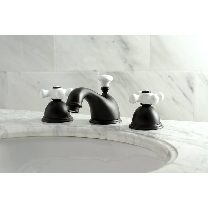 Kingston Brass Restoration Two-Handle 3-Hole Deck Mount Widespread Bathroom Faucet with Brass Pop-Up Drain, Matte Black