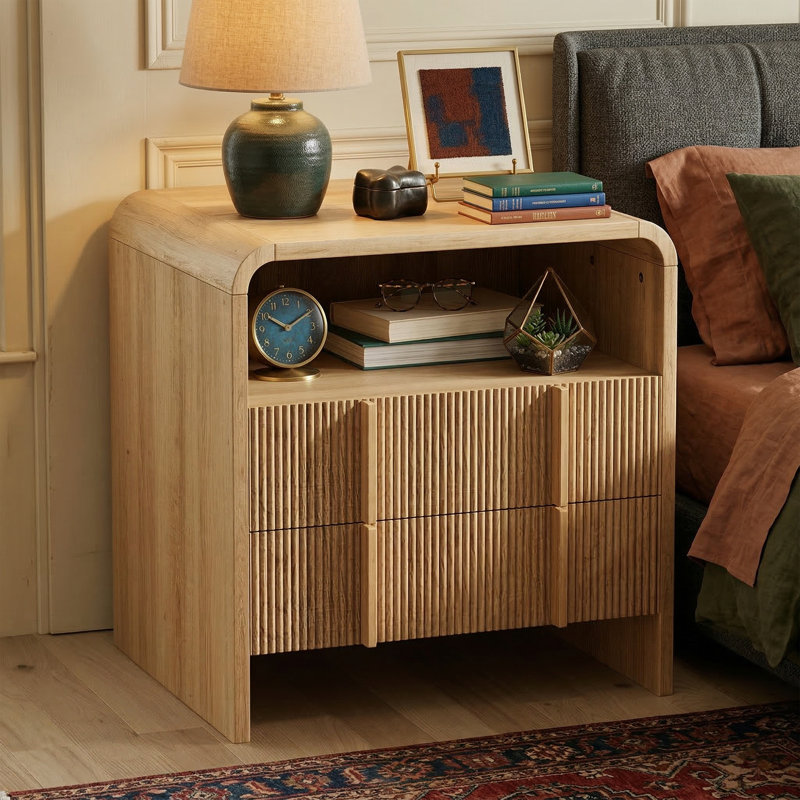 Table de chevet cannelée 21,7 po avec 2 tiroirs de rangement - Table de chevet moderne avec tablette ouverte - Table d'appoint de coin arrondie sécuritaire avec poignées en pin