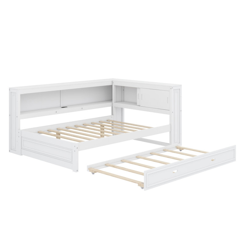Daybed With Storage Shelves, USB, LED, And Trundle, White