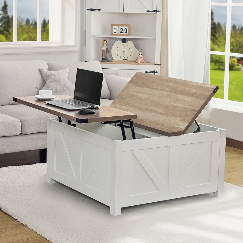 Farmhouse 34.6" Lift Top Coffee Table With Storage, Square Coffee Table With Large Hidden Storage Compartment And Hydraulic Gas Rod, Large Square Coffee Table For Living Room