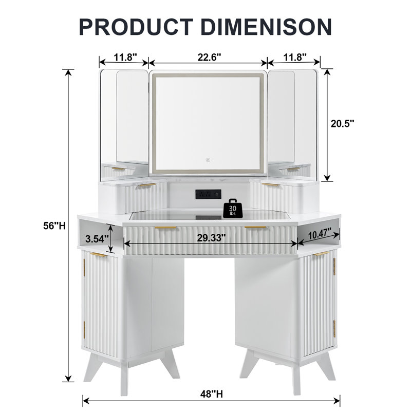 48'' Fluted Makeup Vanity Desk With Hd Triple Mirror And Lights,large Lighted Corner Vanity With Glass Top, Modern Dressing Table With Outlets
