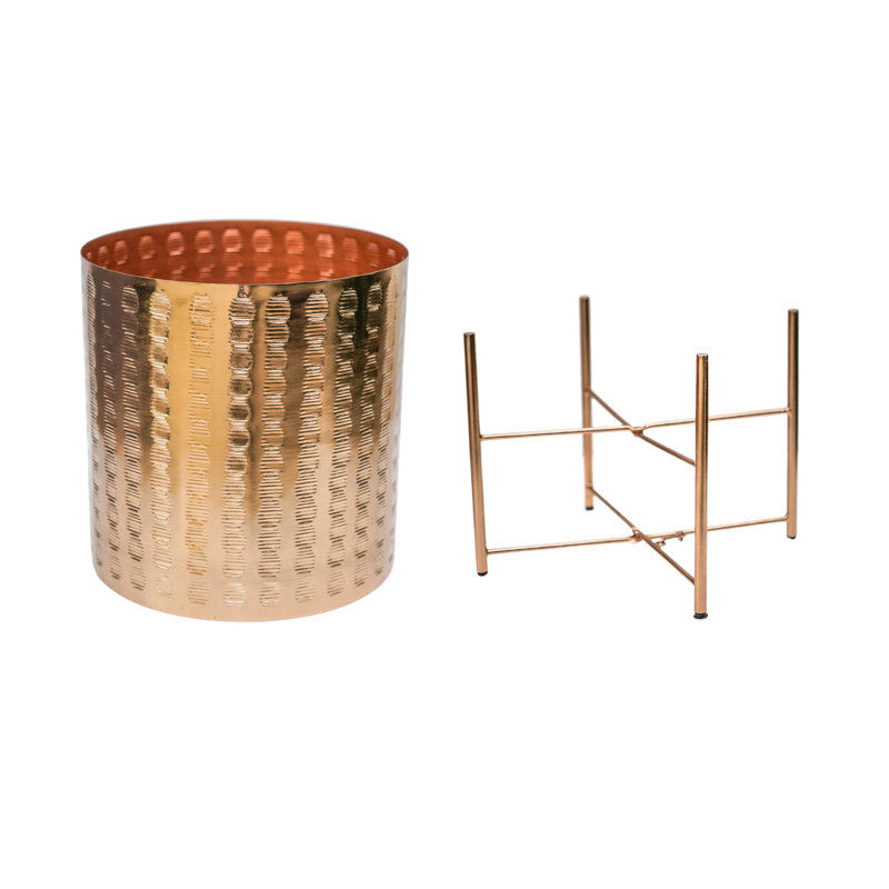 Zendaya Embossed Metal Planter with Stand, Gold