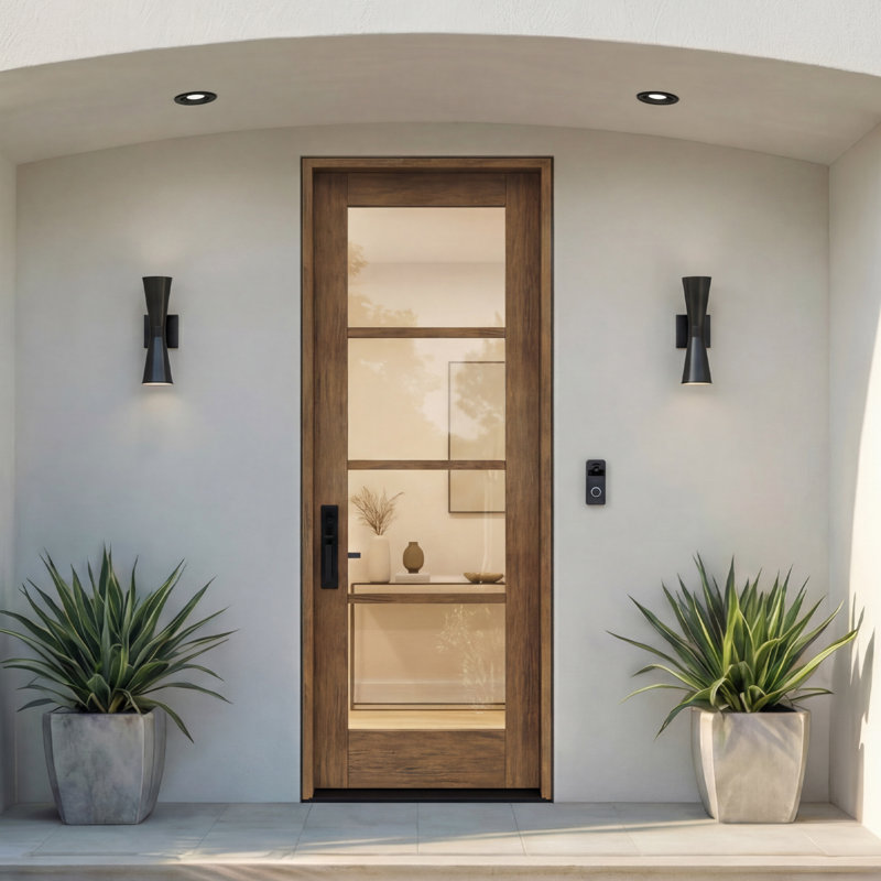 G10402-SW-96 | Porte simple 96 po, extérieur pré-monté RTA, SDL 4 Lite, bois d'acajou brut, 33.75" x 98" [32" Door]