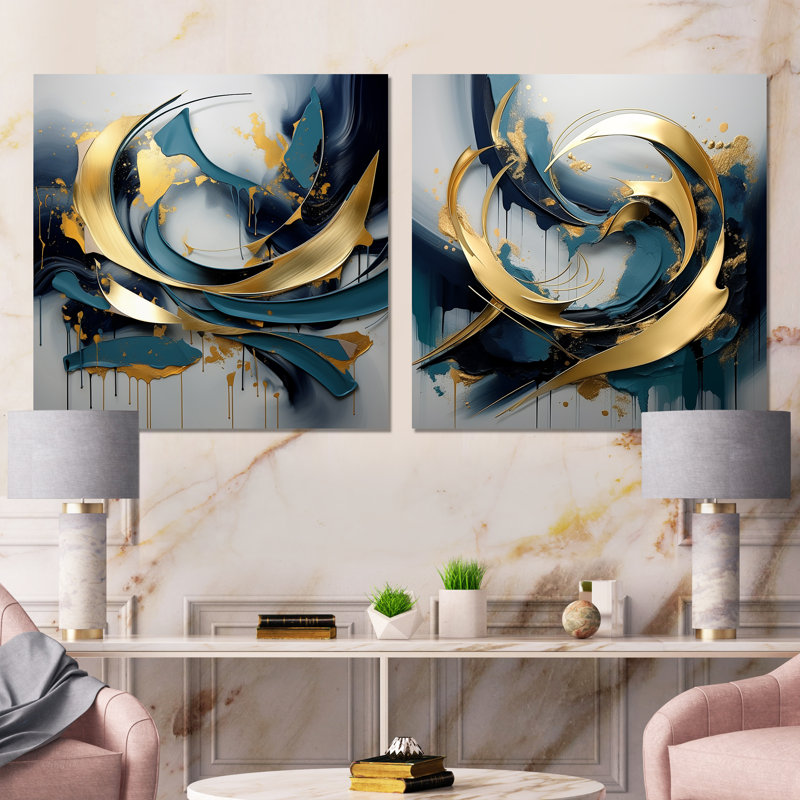 Tourbillons abstraits et dorés abstraits gris de la sérénité I - Art mural abstrait en métal, H 29 po x l 58 po