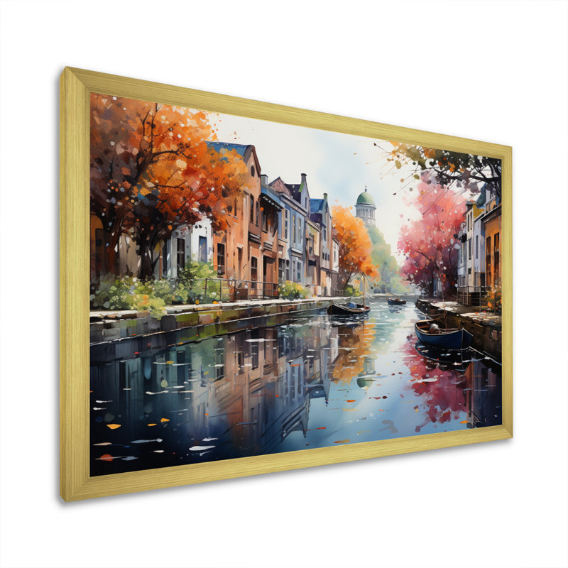 Pointillisme du canal rose vibrant - impression, Encadrement doré, H 16 po x l 32 po x P 1 po