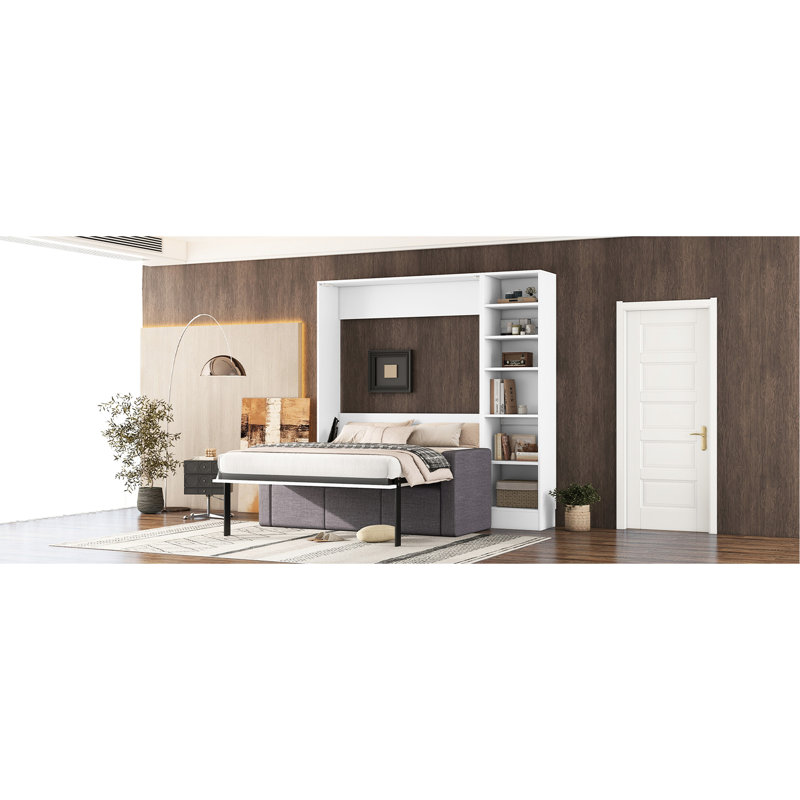 Lit double avec tablettes et - blanc, espace de rangement confortable avec tablettes blanches, chambre élégante, Lit double