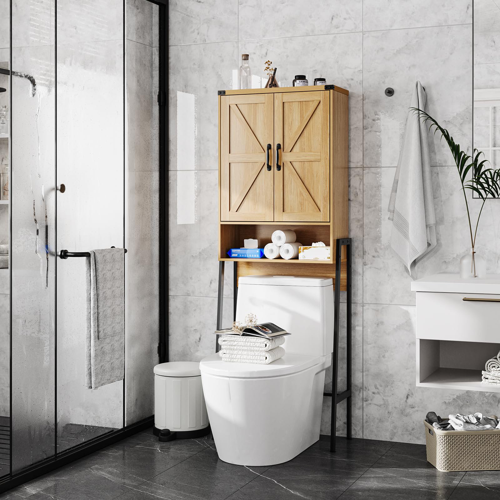 Gracie Oaks Bathroom Over Toilet Storage Rack With 2 Doors, Shelves And ...