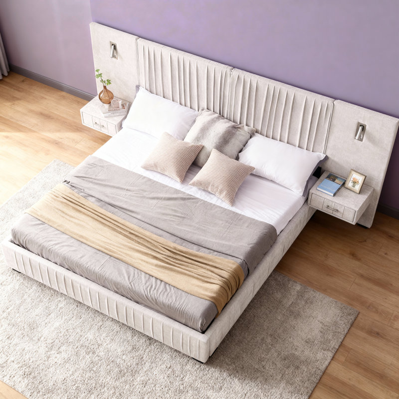 Très grande base de lit tapissier en fer avec tissu chenille et motif plissé. Comprend un lit plateforme très grand avec une tête de lit, une structure solide et une table de chevet. (Matelas non inclus)
