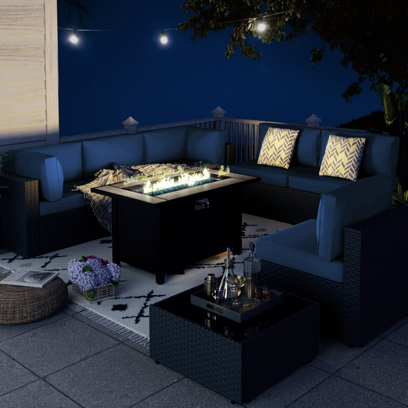 Bushrah 6-Person Outdoor Patio Seating Group with Cushions and Fire Pit Table, Black, Navy