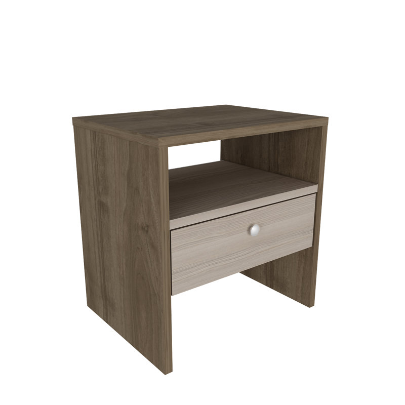 Zarae 1 Drawer Bedside Table Nightstand, Walnut/Grey