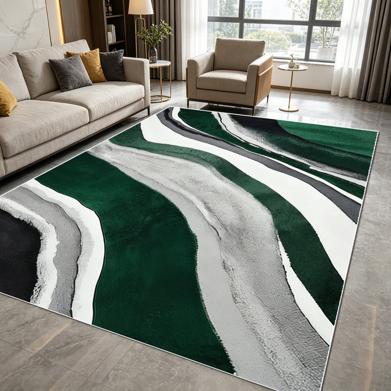 1PC Modern Abstract Flowing Wavy Emerald Green Black Gray White Marble Print area rugs for Living Room, Soft and Comfortable, Suitable for all seasons, easy-to-maintain, machine washable Indoor floor mat, Under Table Farmhouse suitable for dining