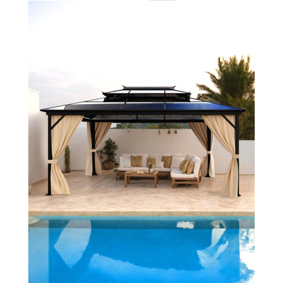 Pavillon de jardin en aluminium 12 po x 16 pi avec toit en polycarbonate double et rideaux, pavillon d'extérieur permanent robuste pour terrasse de jardin