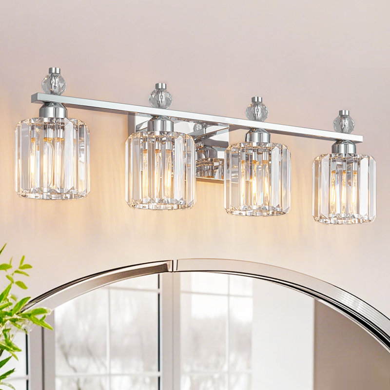 Lampe de meuble-lavabo moderne en cristal avec abat-jour cylindrique, Chrome, Quatre lumières
