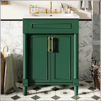 Meuble-lavabo de 24 pouces avec lavabo intégré en céramique et rangement pour les petites et moyennes salles de bain