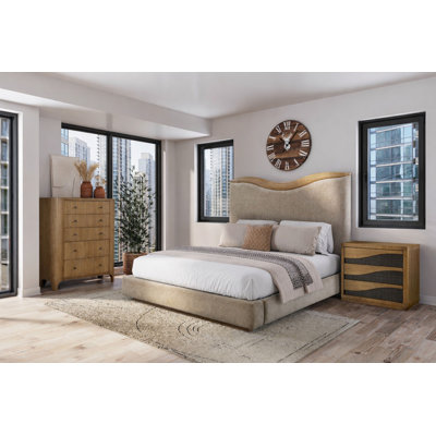 Ensemble de chambre à coucher 3 pièces avec commode à 3 tiroirs et commode à 5 tiroirs - lit tapissier Carstens